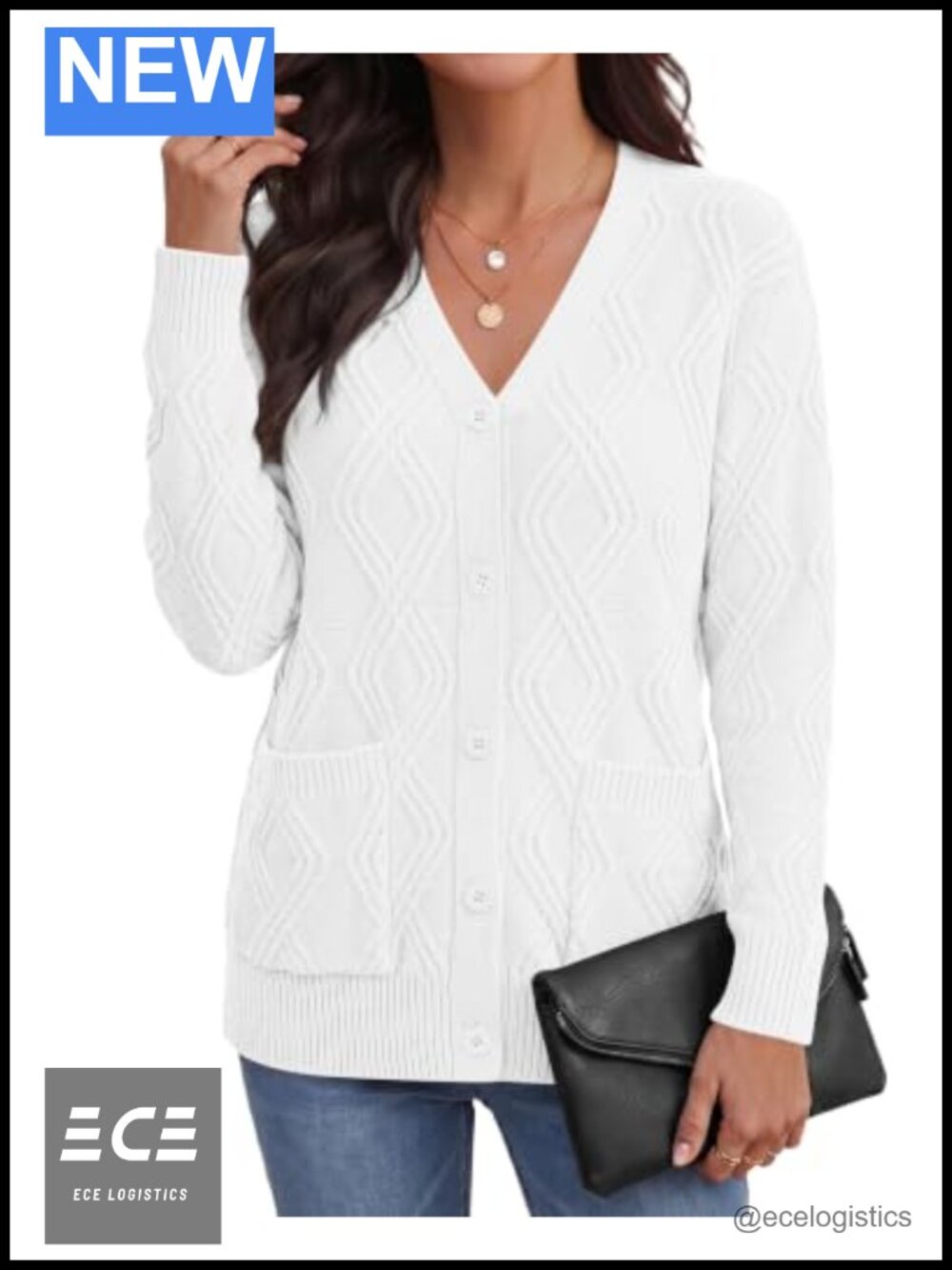 Cable Knit Cardigan Sweater with Pockets Button Down V Neck